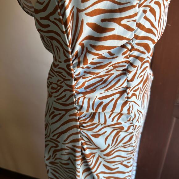 ZARA | Baby Blue and Brown Zebra V Neck Cocktail Dress with Slit | Size Small - Picture 3 of 6